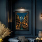 City of Starlight Alpine Village Wall Art Print, Starry Sky at Night Cityscape Painting