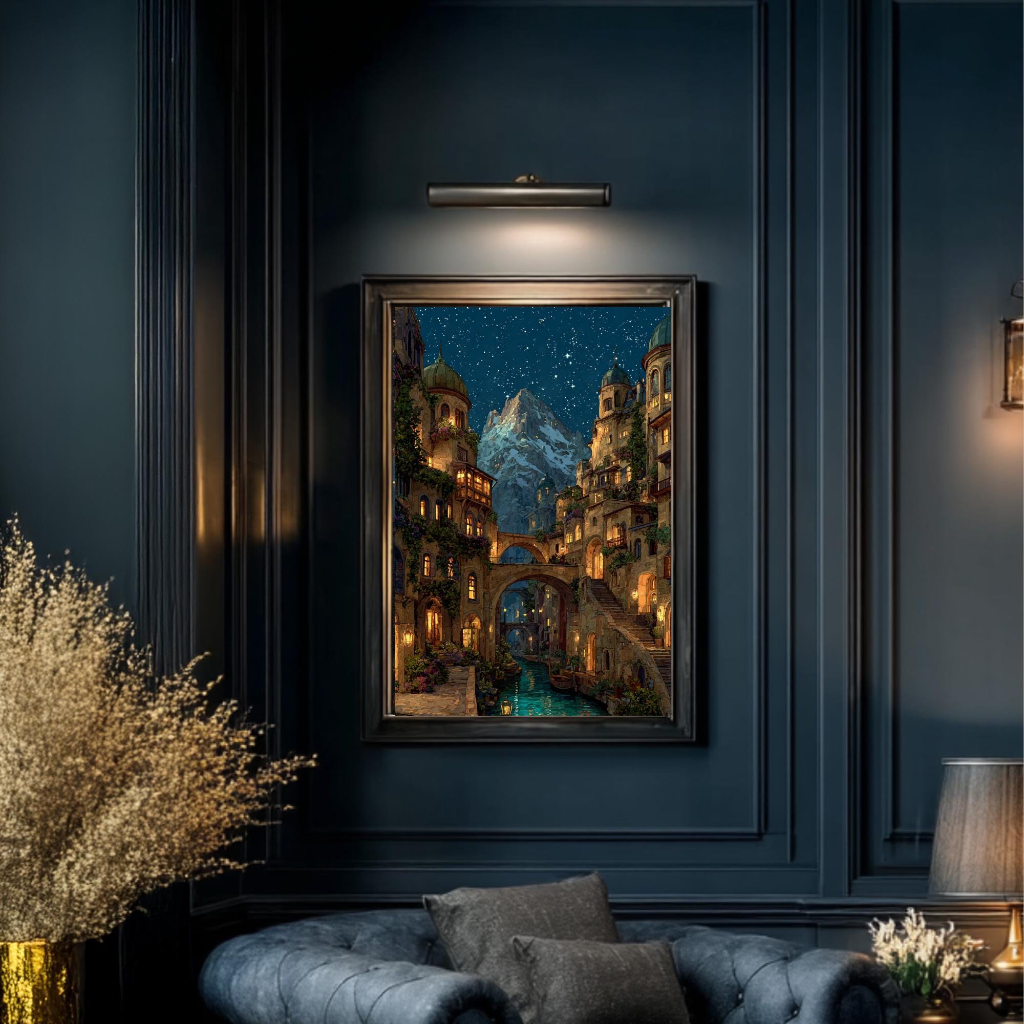 City of Starlight Alpine Village Wall Art Print, Starry Sky at Night Cityscape Painting