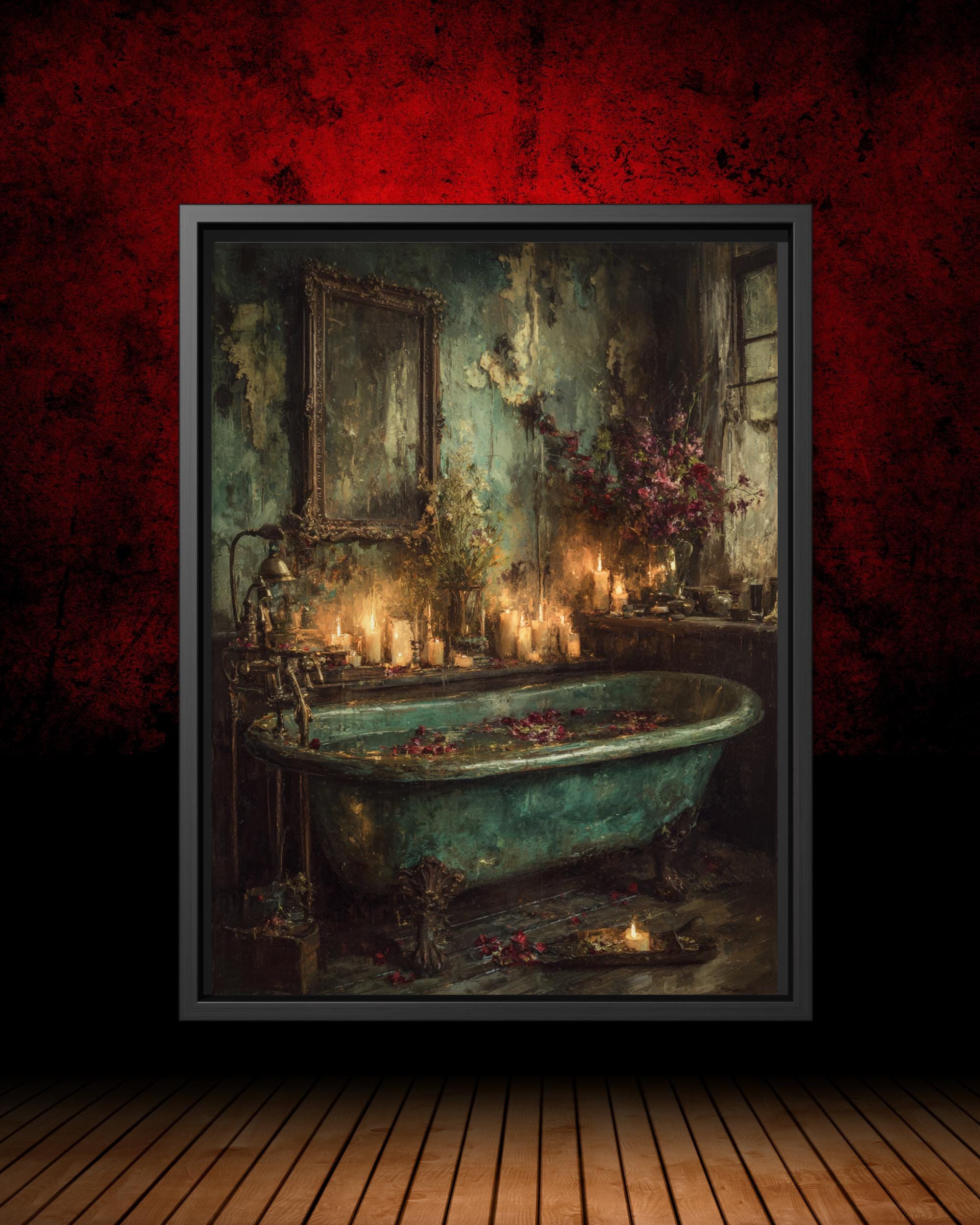 Vintage Clawfoot Tub Art Print, Roses and Candles Victorian Distressed Bathroom Wall Decor, Main image