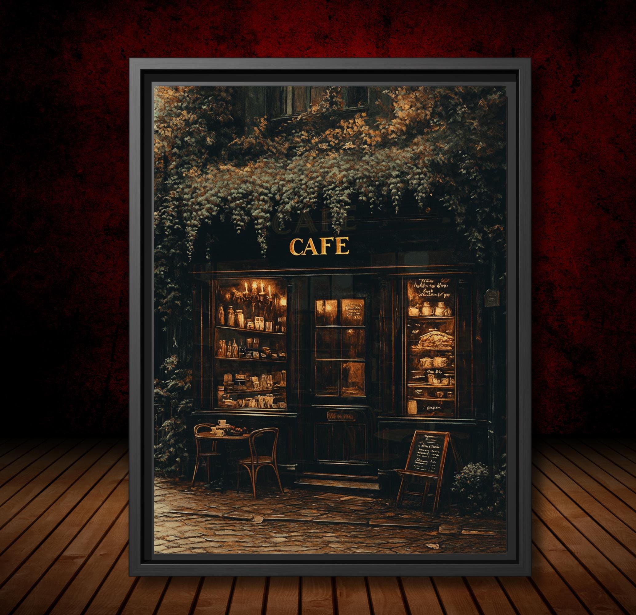 Vintage Café Storefront Wall Art Print Cozy Coffee Shop Oil Painting Style Artwork Main image