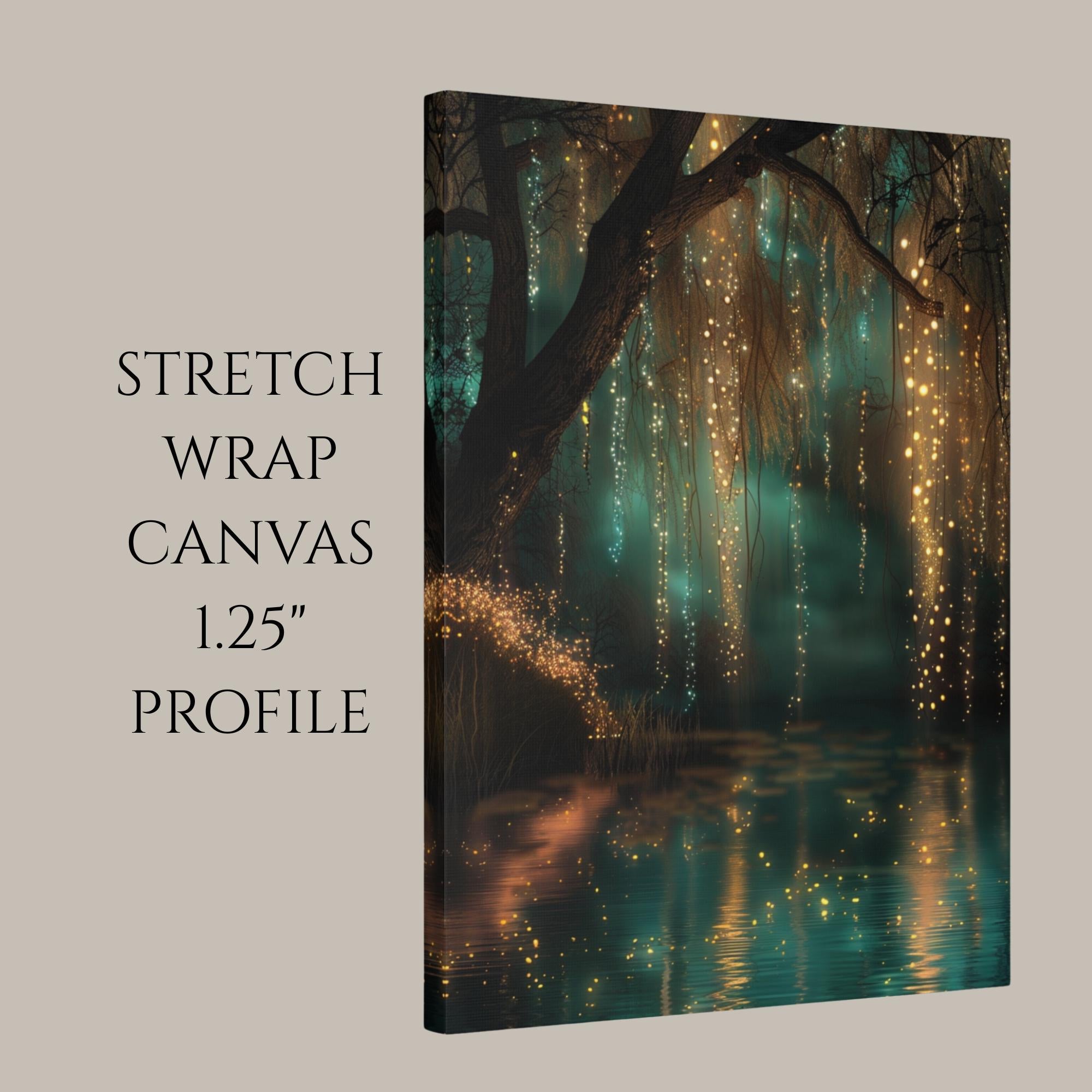 Fairy Lights Enchanted Forest Wall Art Print, Teal River Landscape, Magical Woodland Night Decor