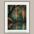 Fairy Lights Enchanted Forest Wall Art Print, Teal River Landscape, Magical Woodland Night Decor
