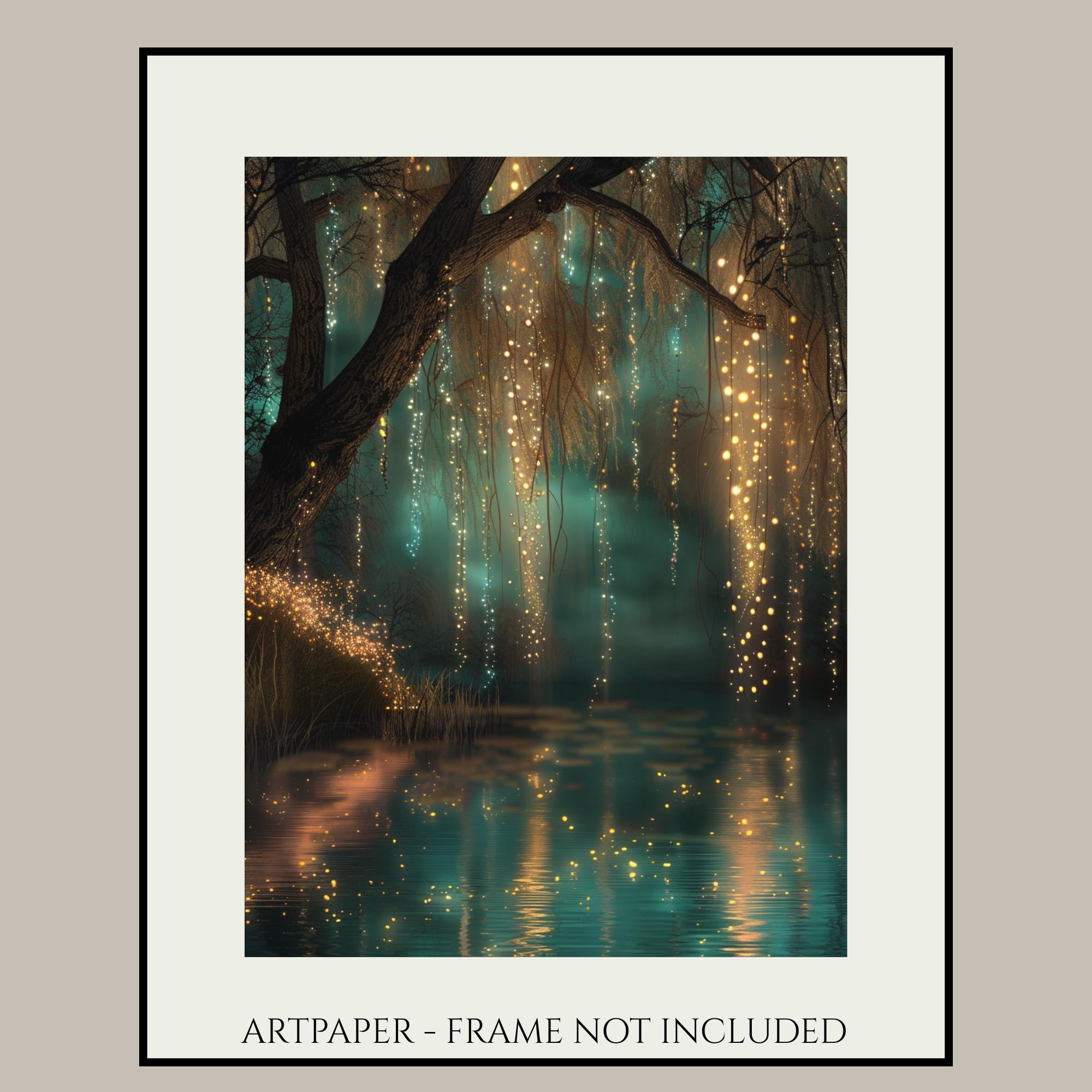 Fairy Lights Enchanted Forest Wall Art Print, Teal River Landscape, Magical Woodland Night Decor