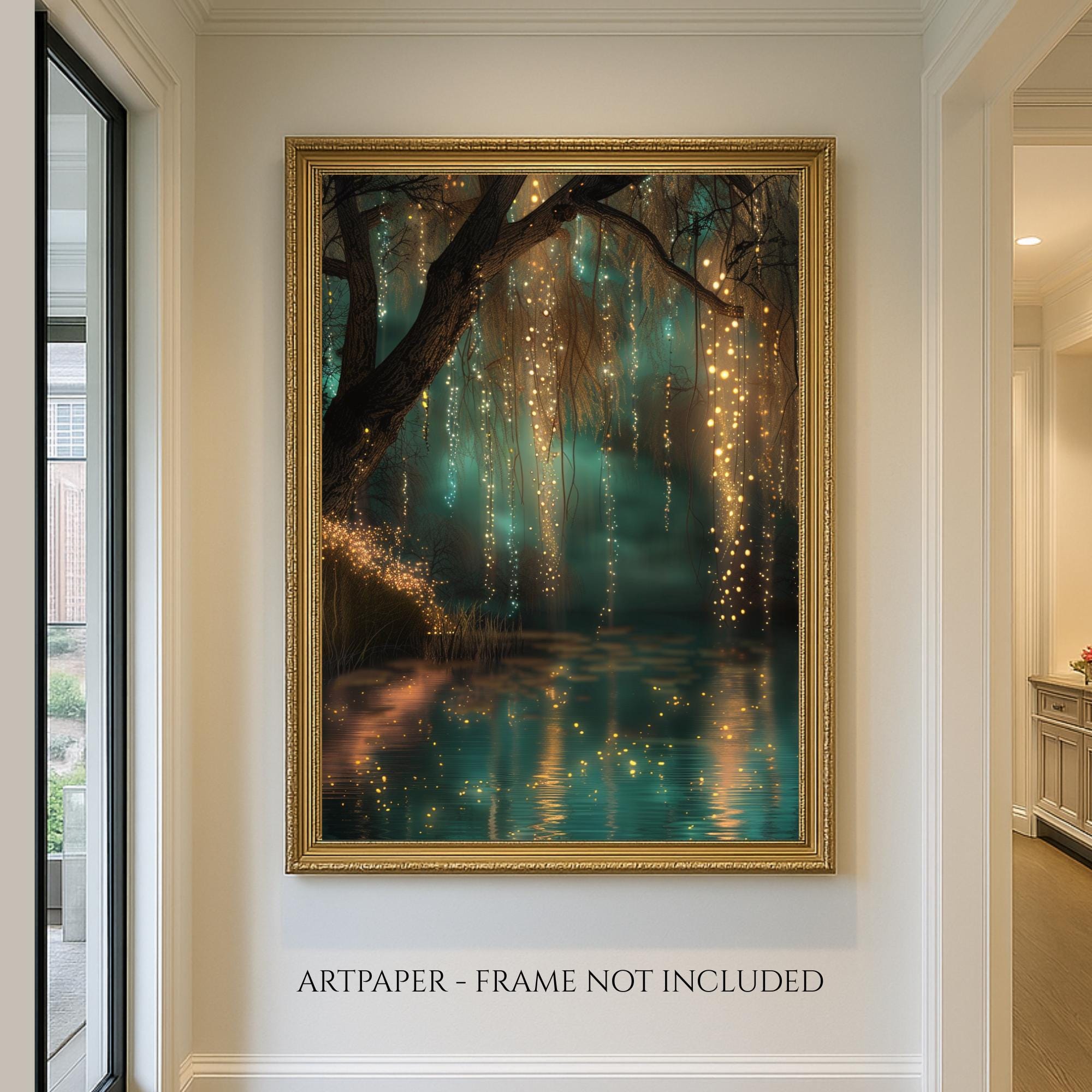 Fairy Lights Enchanted Forest Wall Art Print, Teal River Landscape, Magical Woodland Night Decor Secondary image