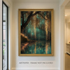 Fairy Lights Enchanted Forest Wall Art Print, Teal River Landscape, Magical Woodland Night Decor