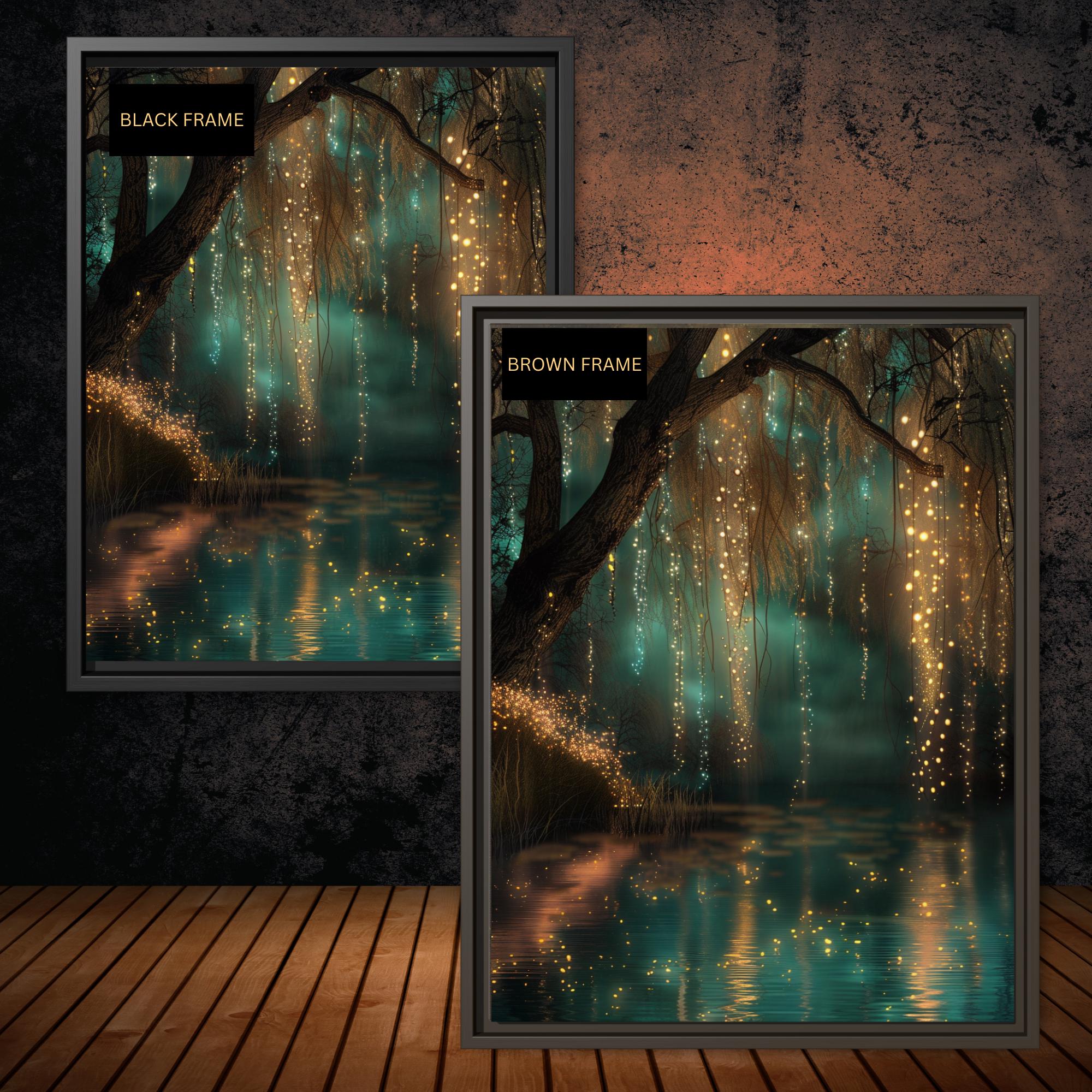 Fairy Lights Enchanted Forest Wall Art Print, Teal River Landscape, Magical Woodland Night Decor