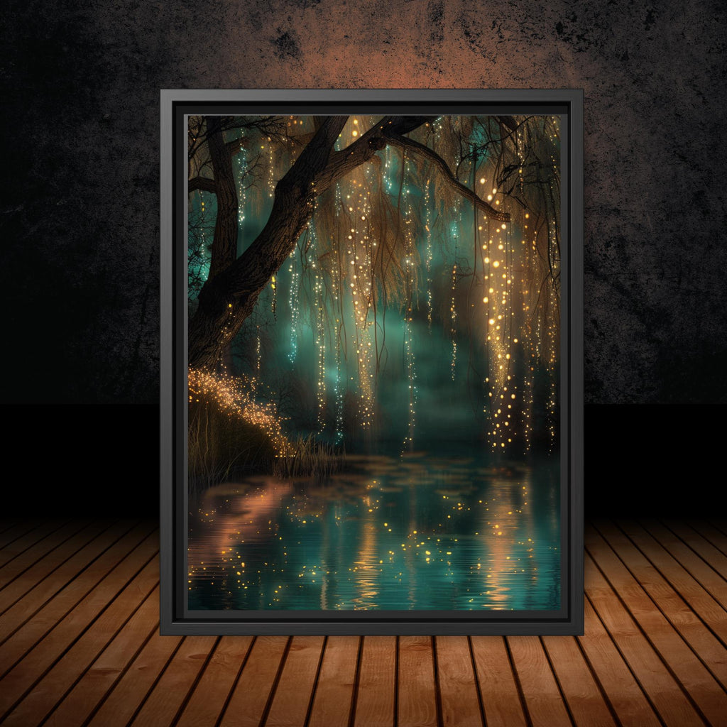 Fairy Lights Enchanted Forest Wall Art Print, Teal River Landscape, Magical Woodland Night Decor