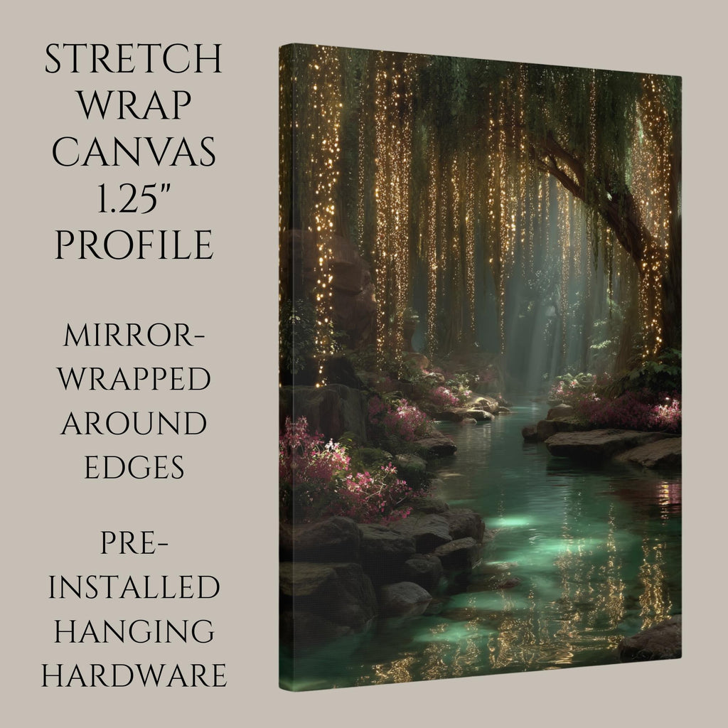 Golden Willow Forest Print, Fairy Light River Wall Art, Enchanted Tree Mystical Green Landscape