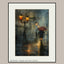 Rainy City Street Wall Art Print, Solitary Figure Red Umbrella, Glowing Lampposts, Nightime Painting