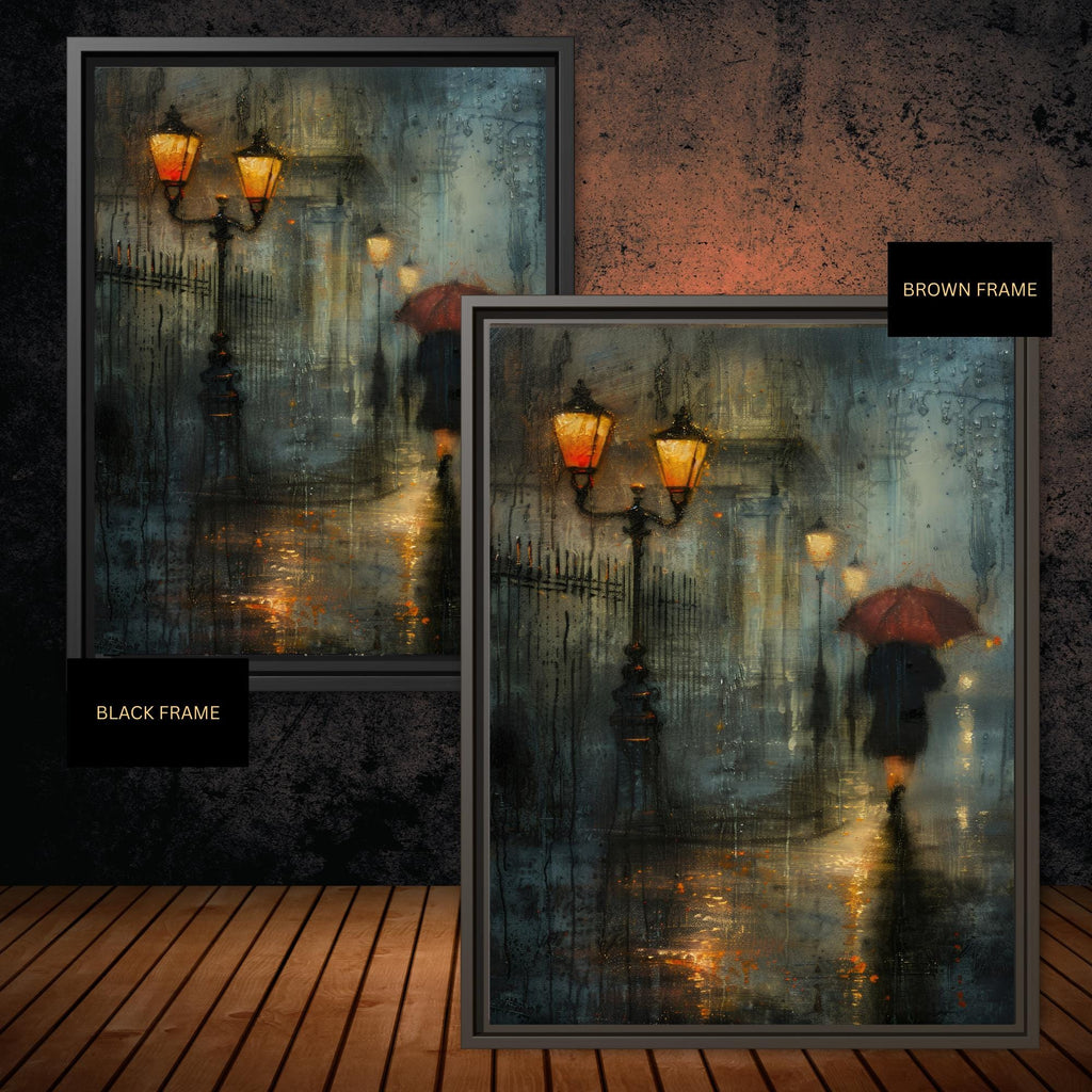 Rainy City Street Wall Art Print, Solitary Figure Red Umbrella, Glowing Lampposts, Nightime Painting