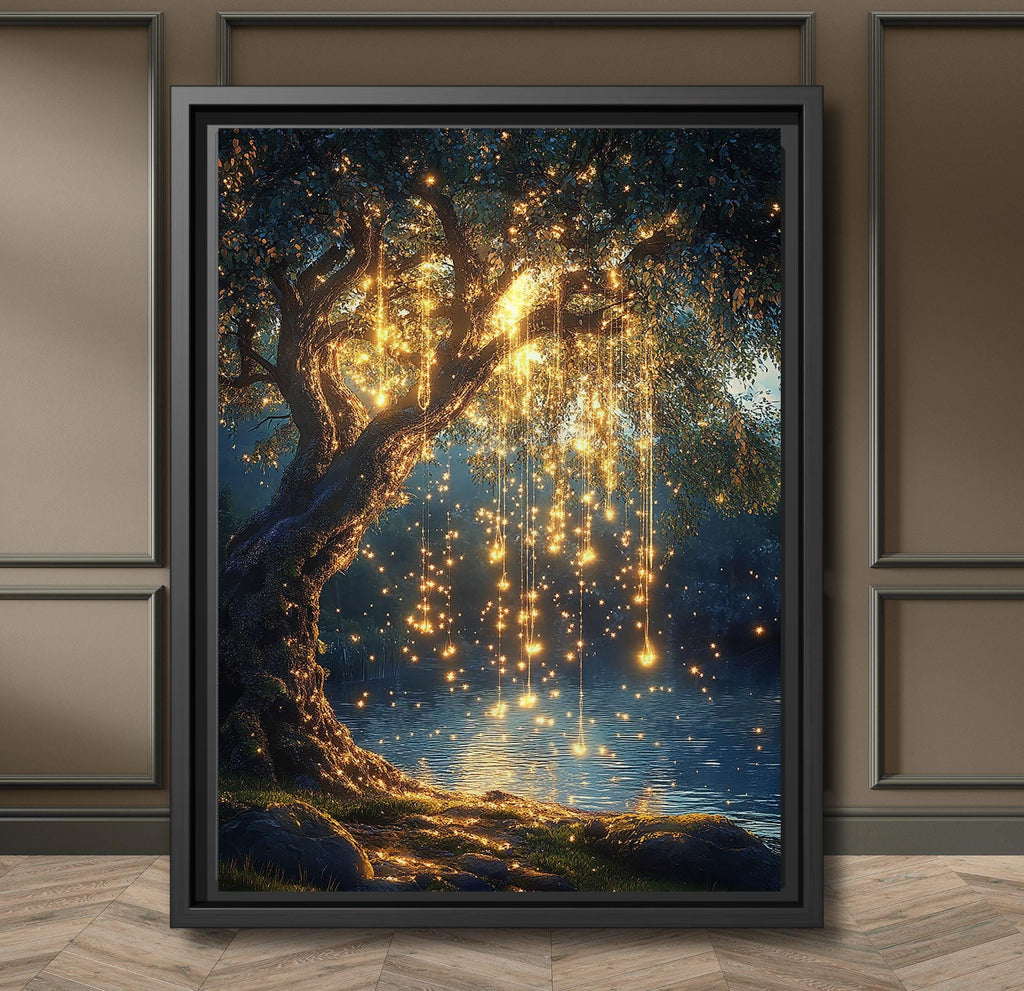 Willow Tree with Fairy Lights Print, Moonlit Lake Wall Art, Enchanted Dark Academia Painting