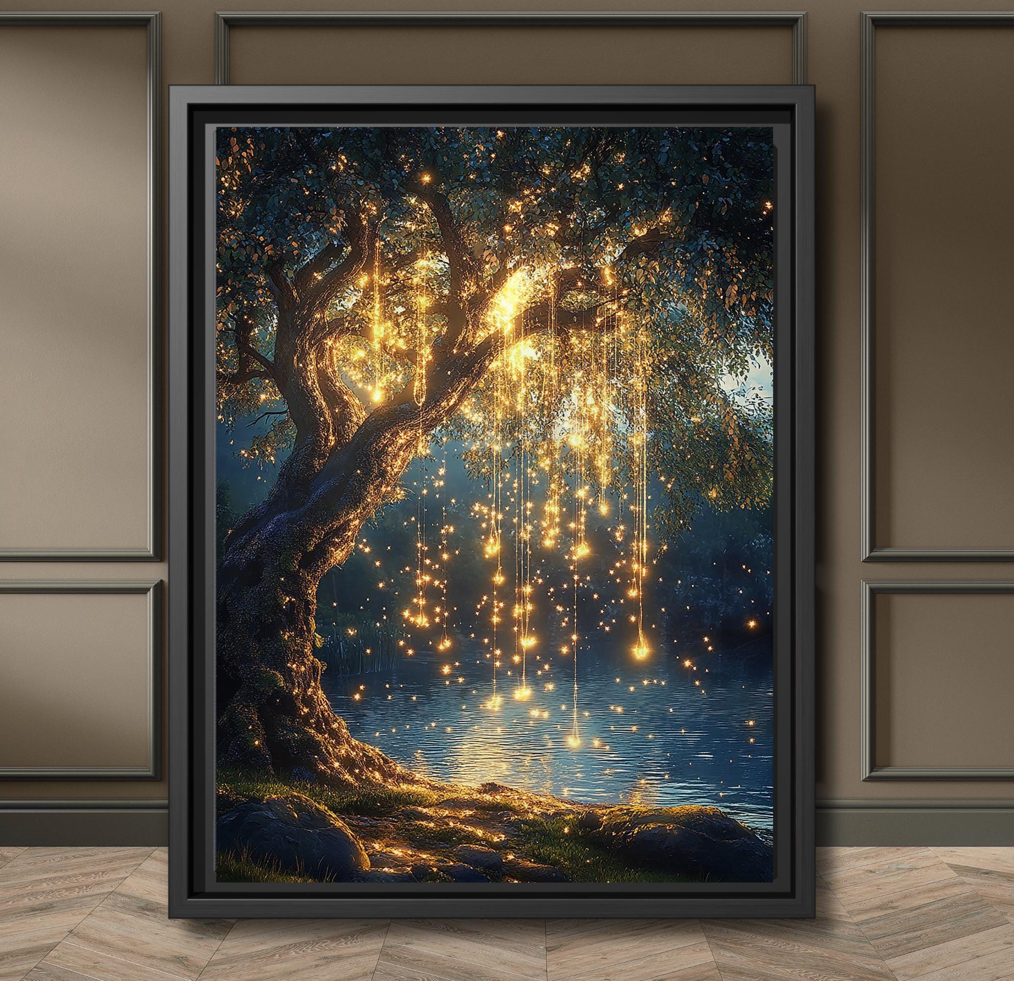 Willow Tree with Fairy Lights Print, Moonlit Lake Wall Art, Enchanted Dark Academia Painting