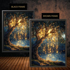 Willow Tree with Fairy Lights Print, Moonlit Lake Wall Art, Enchanted Dark Academia Painting