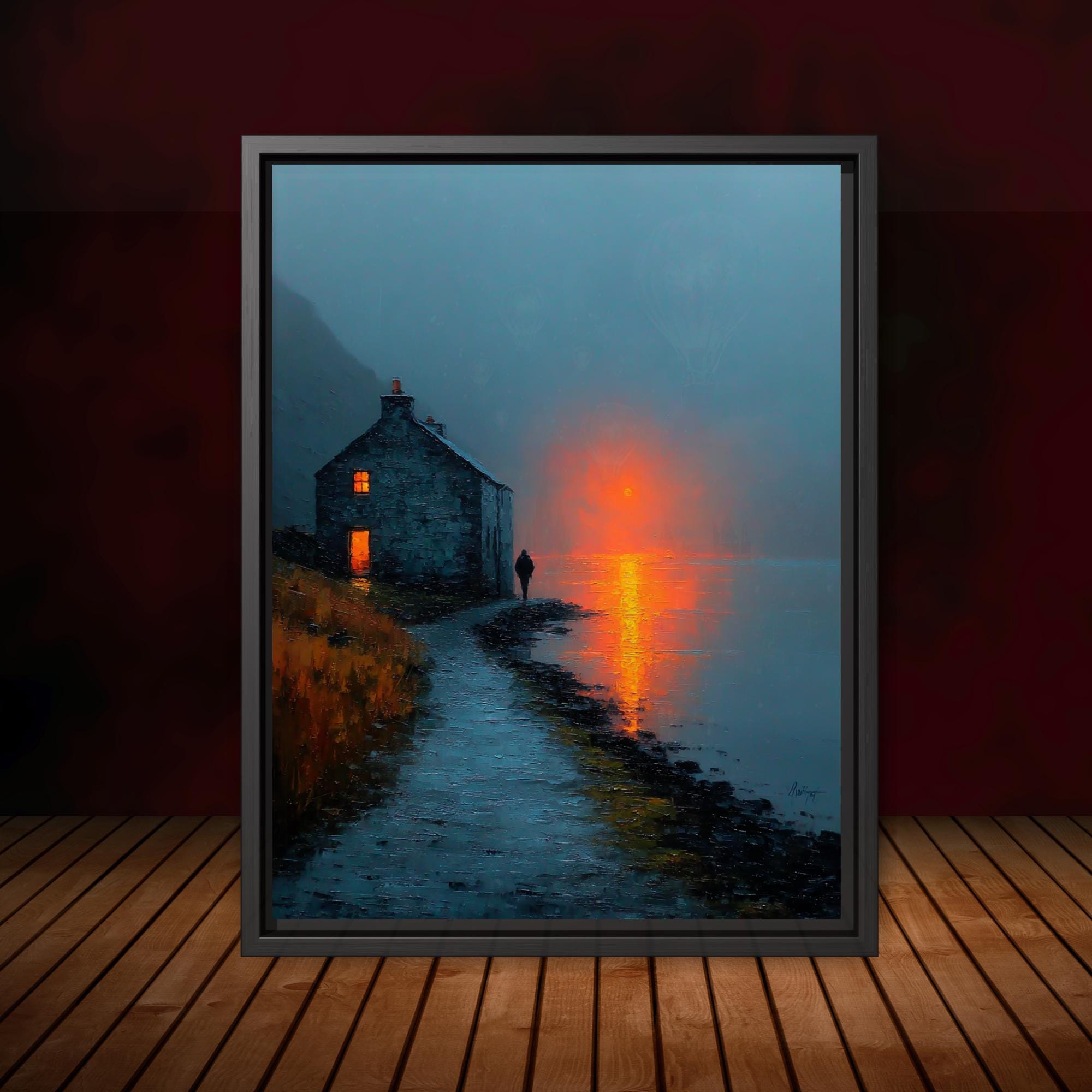 Moody Coastal Cottage Wall Art Print, Misty Loch Sunset Painting, Scottish Highlands Landscape Decor Main image