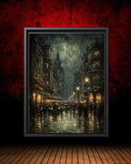 Rainy Night Cityscape Print: Moody Vintage Street Scene Wall Art