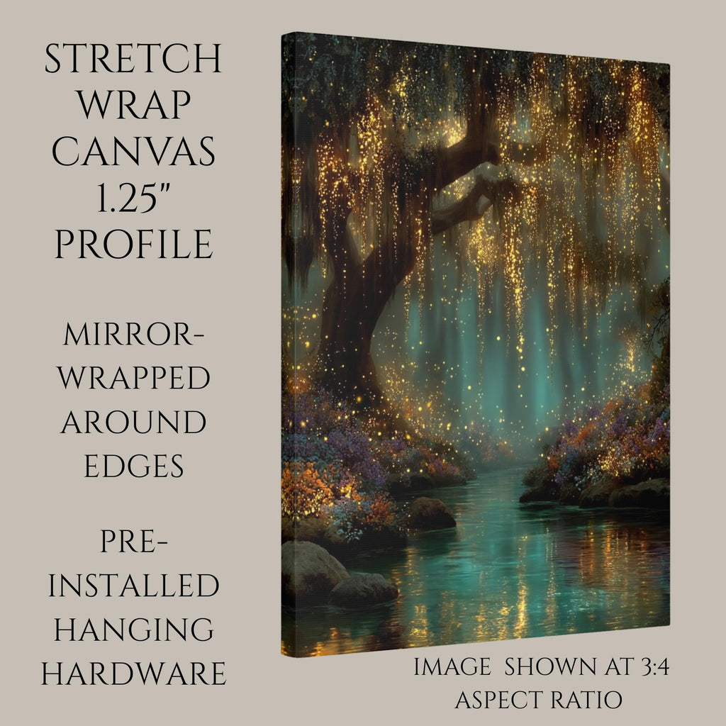 Teal Fireflies Willow Print, Golden River Reflections Glowing Enchanted Forest Magical Painting