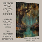 Teal Fireflies Willow Print, Golden River Reflections Glowing Enchanted Forest Magical Painting