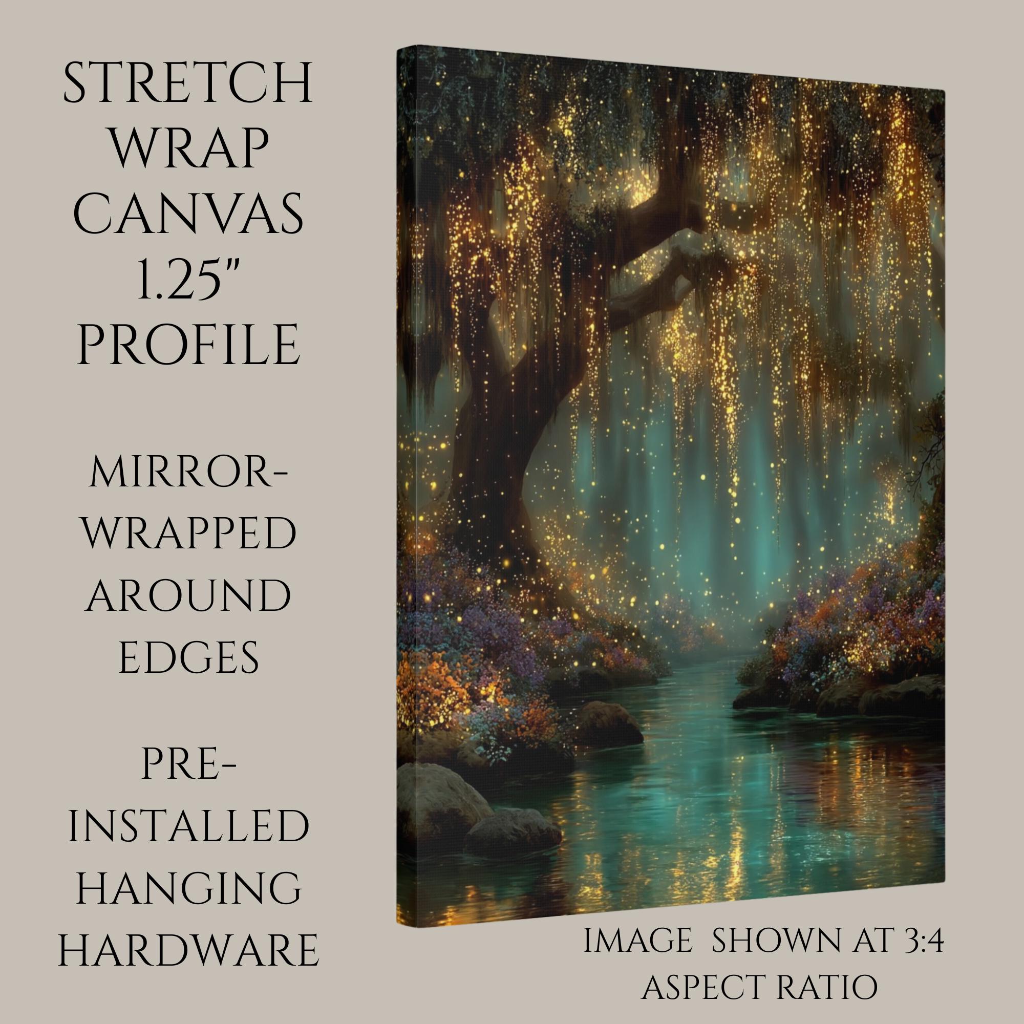 Teal Fireflies Willow Print, Golden River Reflections Glowing Enchanted Forest Magical Painting