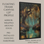 Teal Fireflies Willow Print, Golden River Reflections Glowing Enchanted Forest Magical Painting