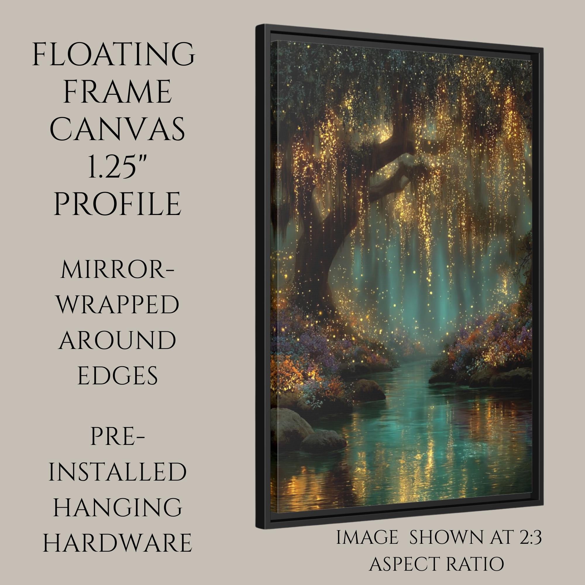 Teal Fireflies Willow Print, Golden River Reflections Glowing Enchanted Forest Magical Painting