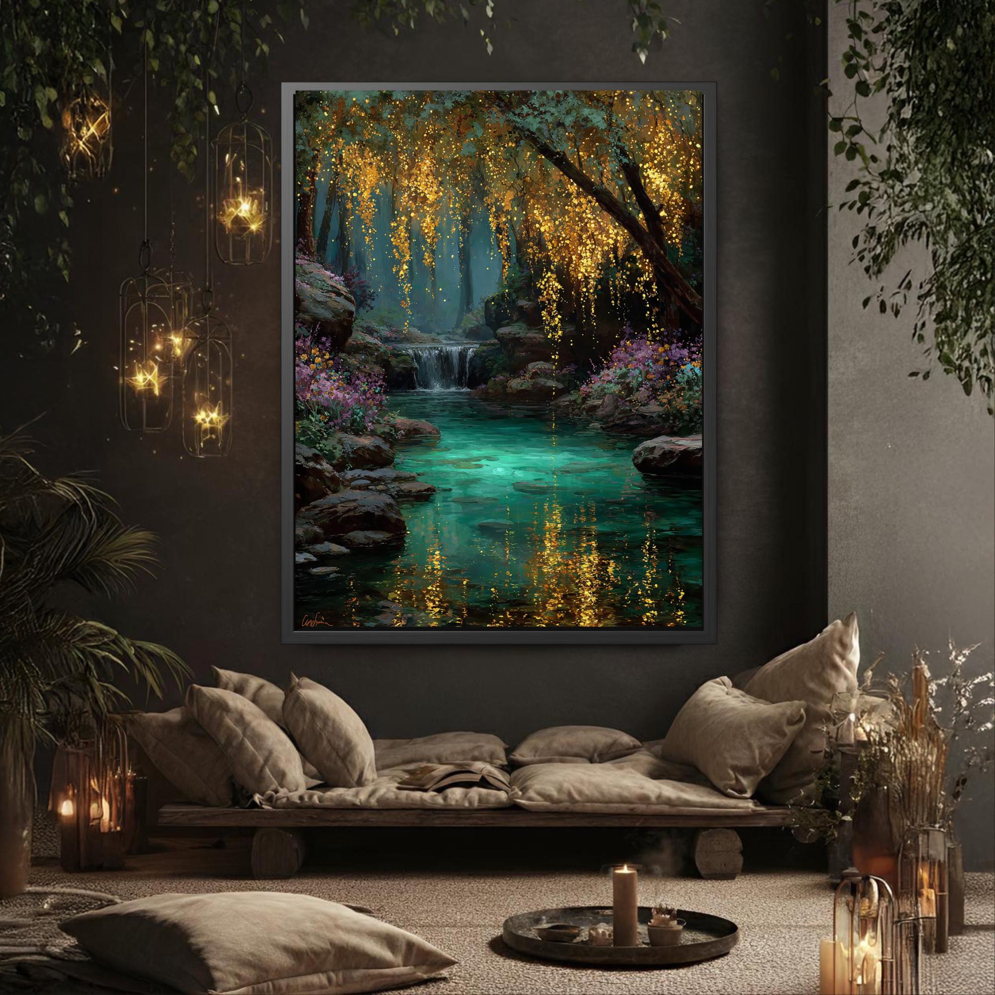 Turquoise Pond Gold Willow Print, Fairy Light River Wall Art, Enchanted Tree Mystical Woodland Secondary image