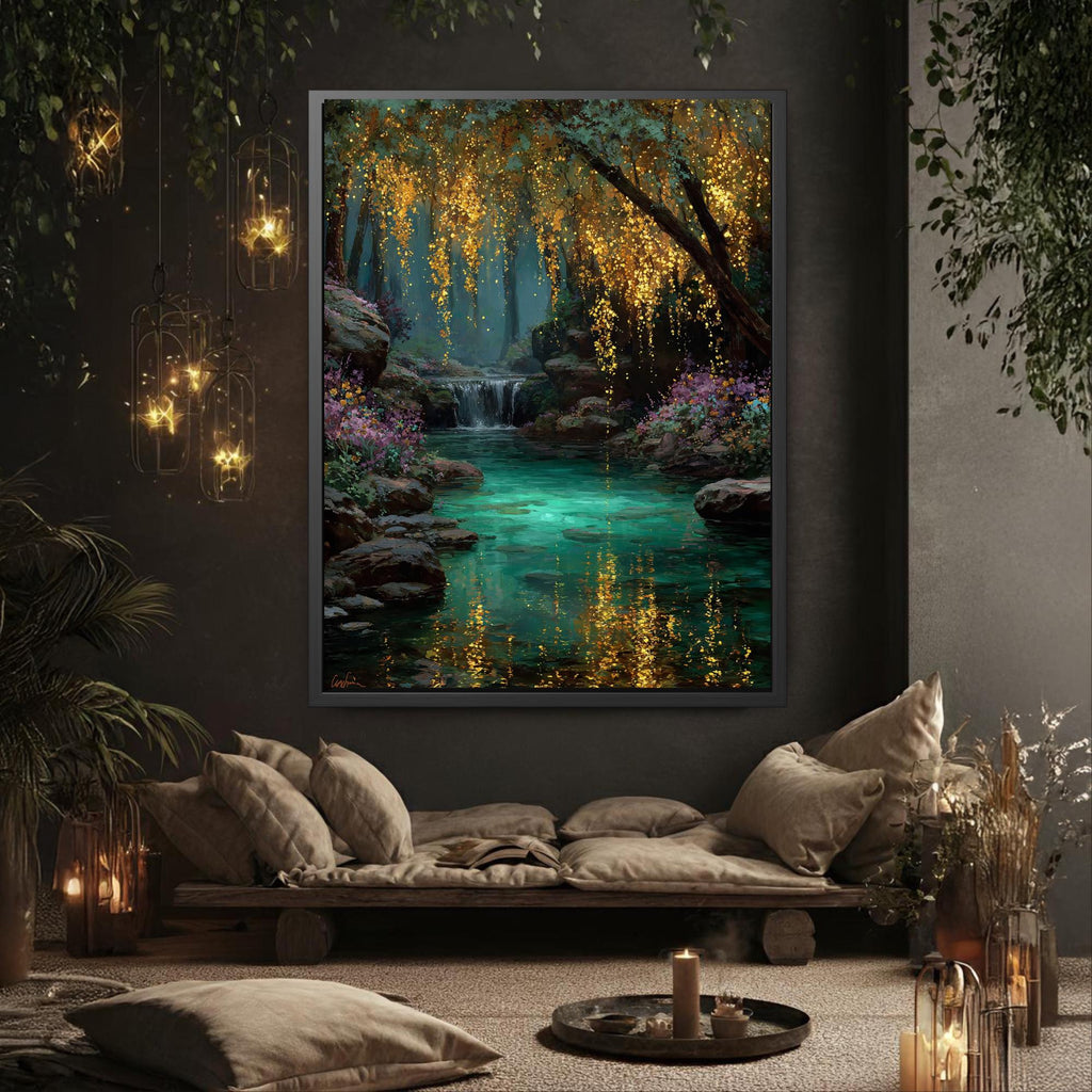 Turquoise Pond Gold Willow Print, Fairy Light River Wall Art, Enchanted Tree Mystical Woodland