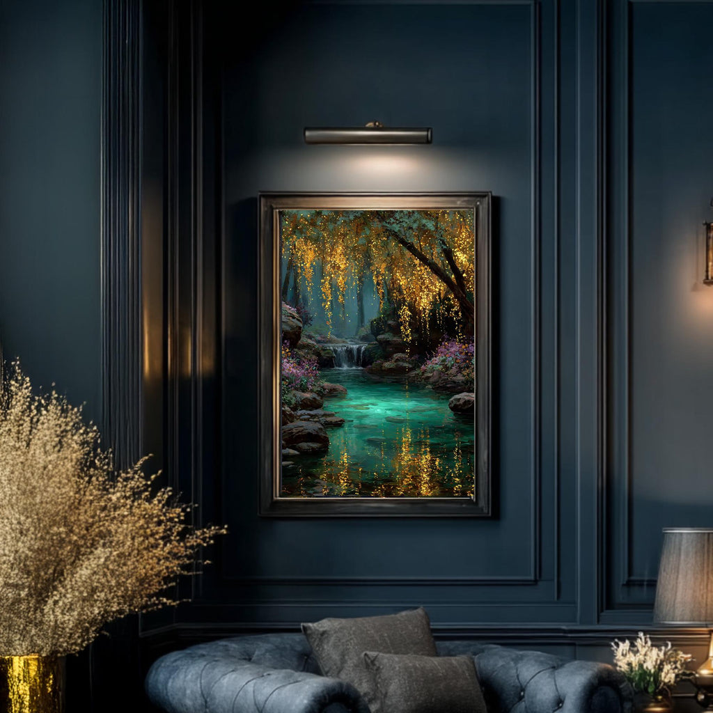 Turquoise Pond Gold Willow Print, Fairy Light River Wall Art, Enchanted Tree Mystical Woodland