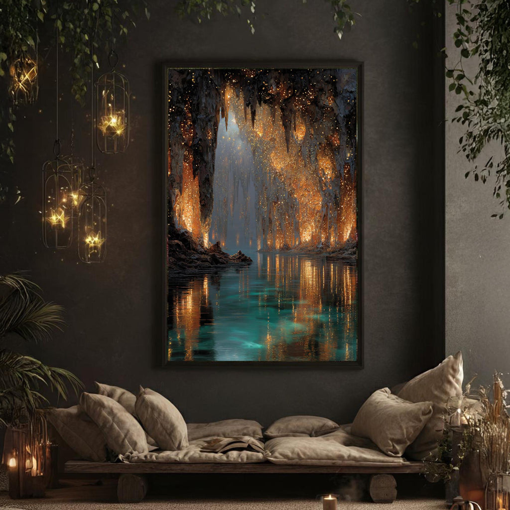 Golden Crystal Cave wall Art print, Turquoise Water Fantasy Print, Glowing Cavern Painting