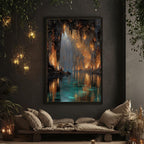 Golden Crystal Cave wall Art print, Turquoise Water Fantasy Print, Glowing Cavern Painting