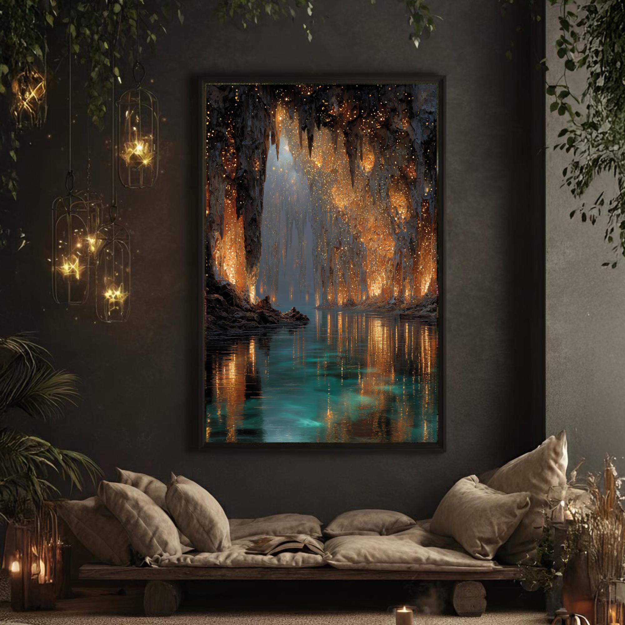 Golden Crystal Cave wall Art print, Turquoise Water Fantasy Print, Glowing Cavern Painting