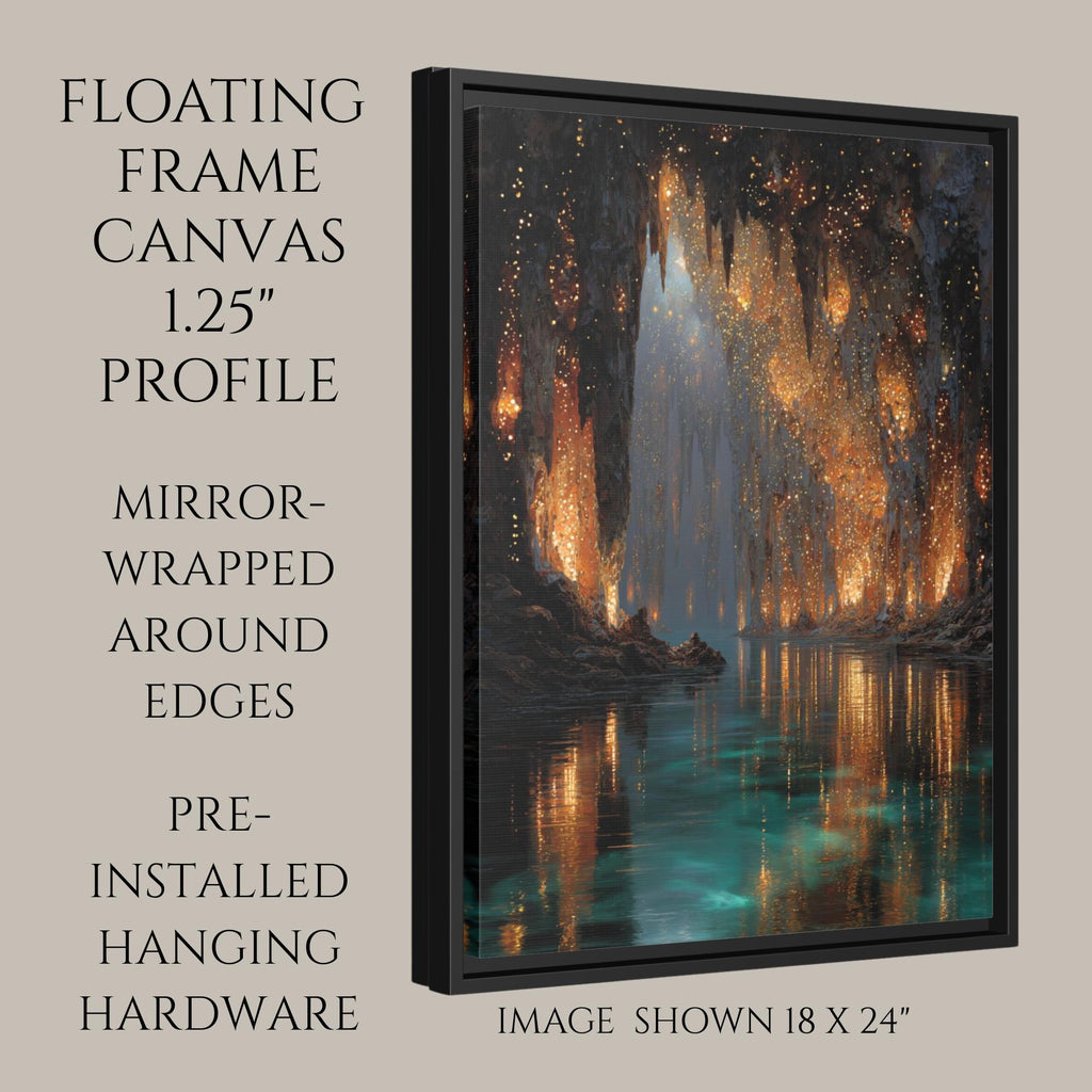 Golden Crystal Cave wall Art print, Turquoise Water Fantasy Print, Glowing Cavern Painting
