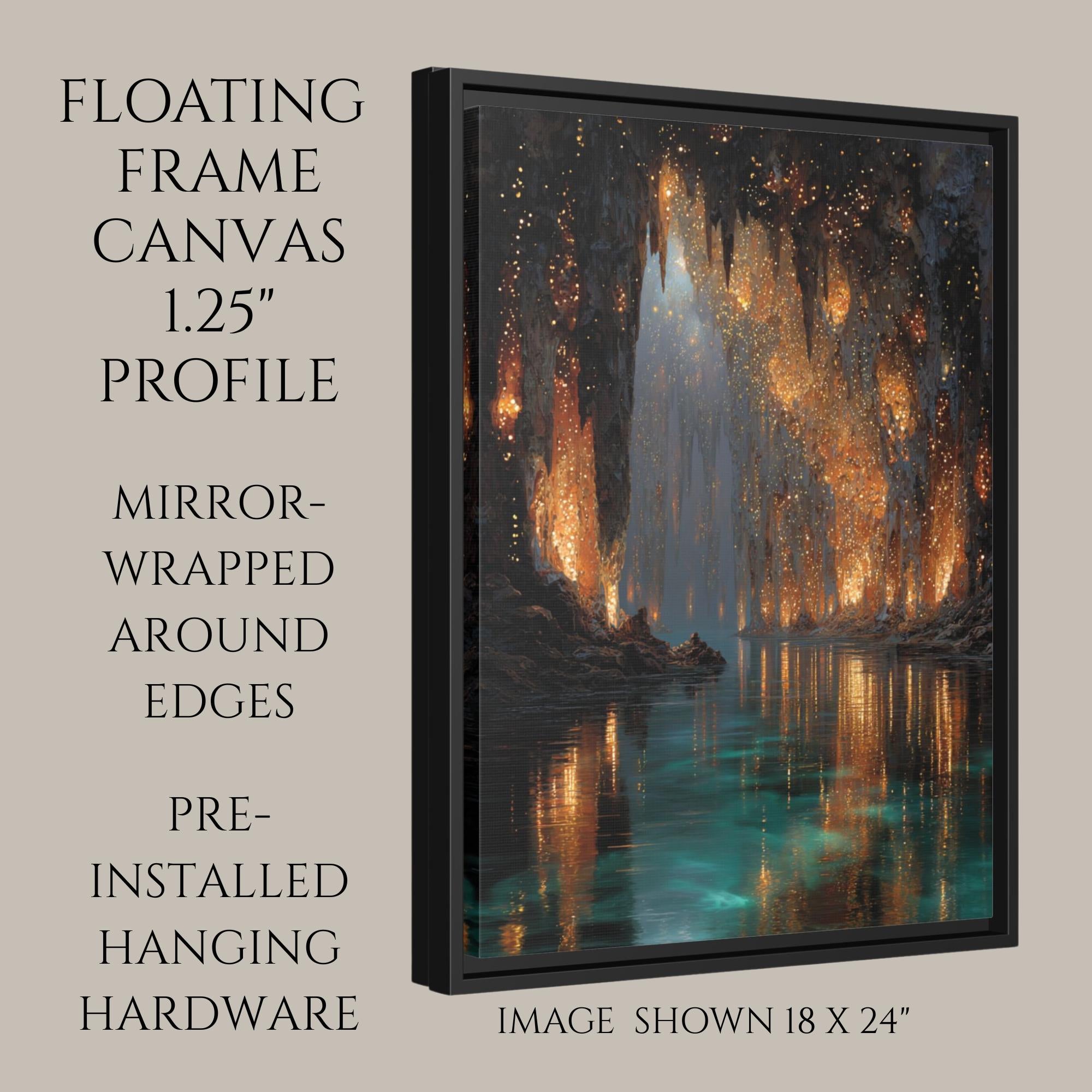 Golden Crystal Cave wall Art print, Turquoise Water Fantasy Print, Glowing Cavern Painting