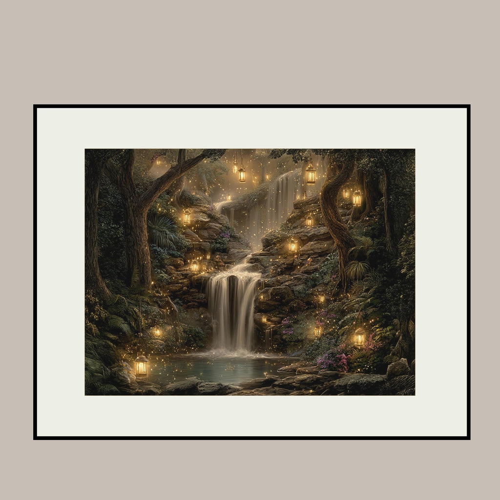 Forest Waterfall Horizontal Art Print, Dark Moody Enchanted Fairy Lantern Landscape Whimsical Woodland Painting