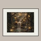 Forest Waterfall Horizontal Art Print, Dark Moody Enchanted Fairy Lantern Landscape Whimsical Woodland Painting