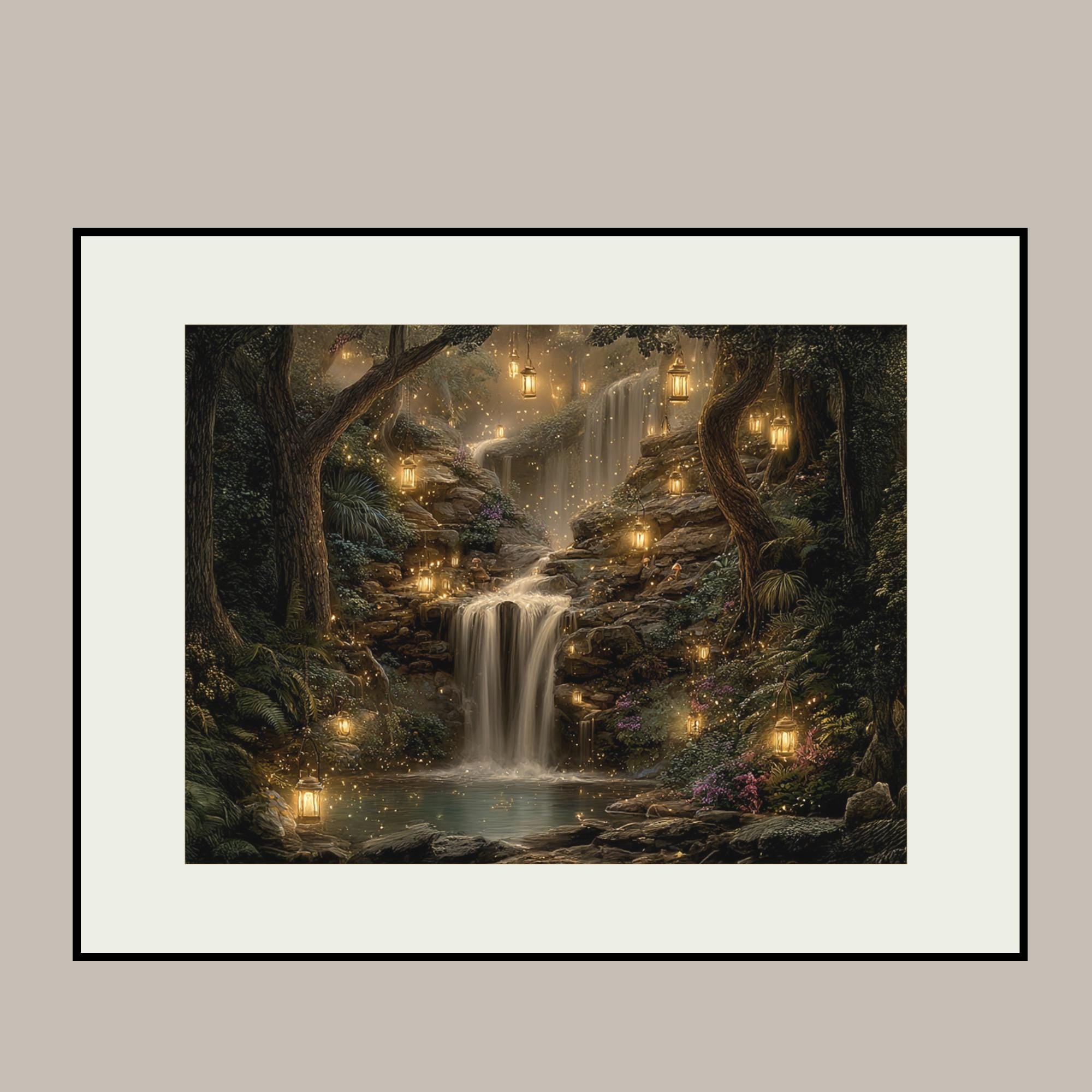 Forest Waterfall Horizontal Art Print, Dark Moody Enchanted Fairy Lantern Landscape Whimsical Woodland Painting