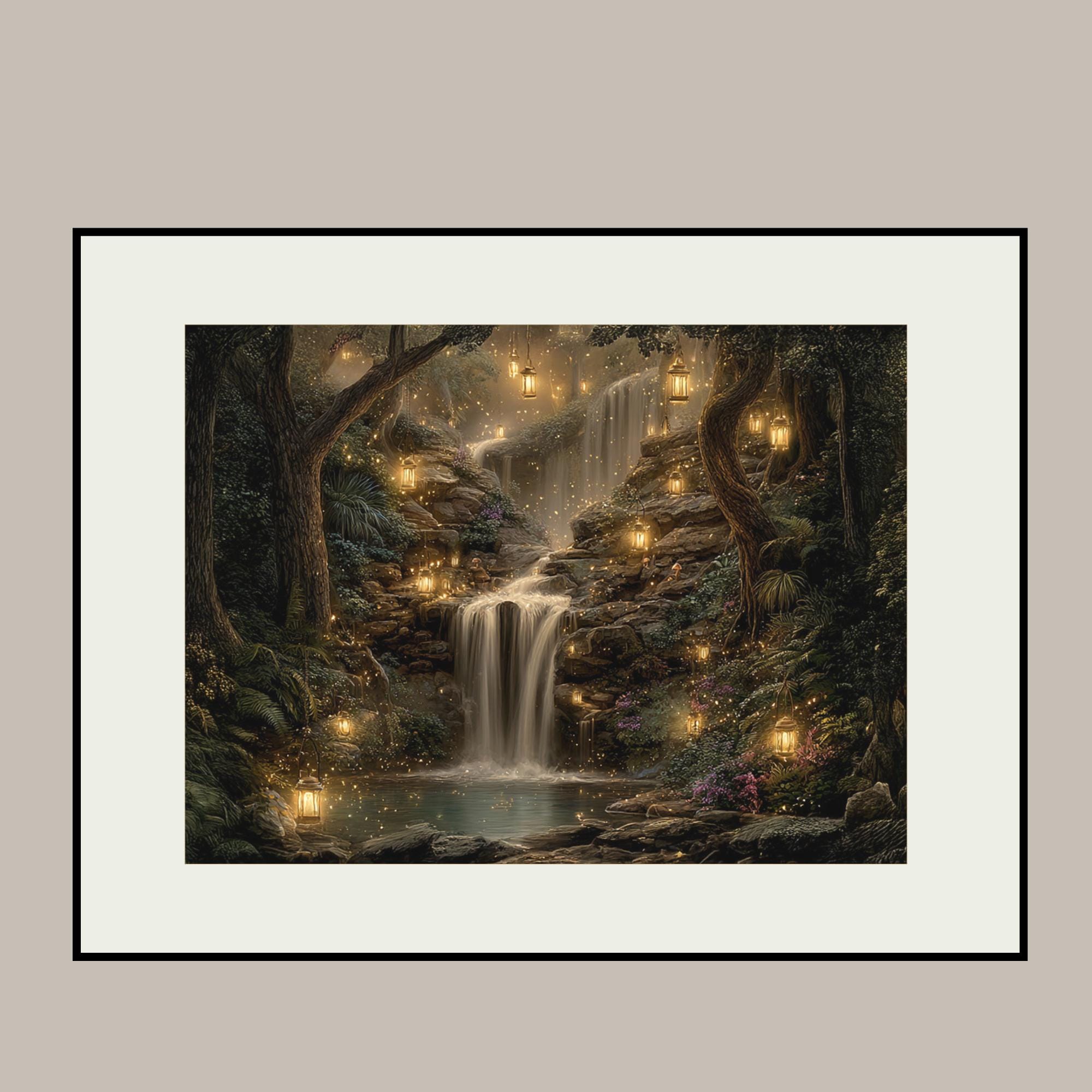 Forest Waterfall Horizontal Art Print, Dark Moody Enchanted Fairy Lantern Landscape Whimsical Woodland Painting Secondary image