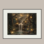 Forest Waterfall Horizontal Art Print, Dark Moody Enchanted Fairy Lantern Landscape Whimsical Woodland Painting