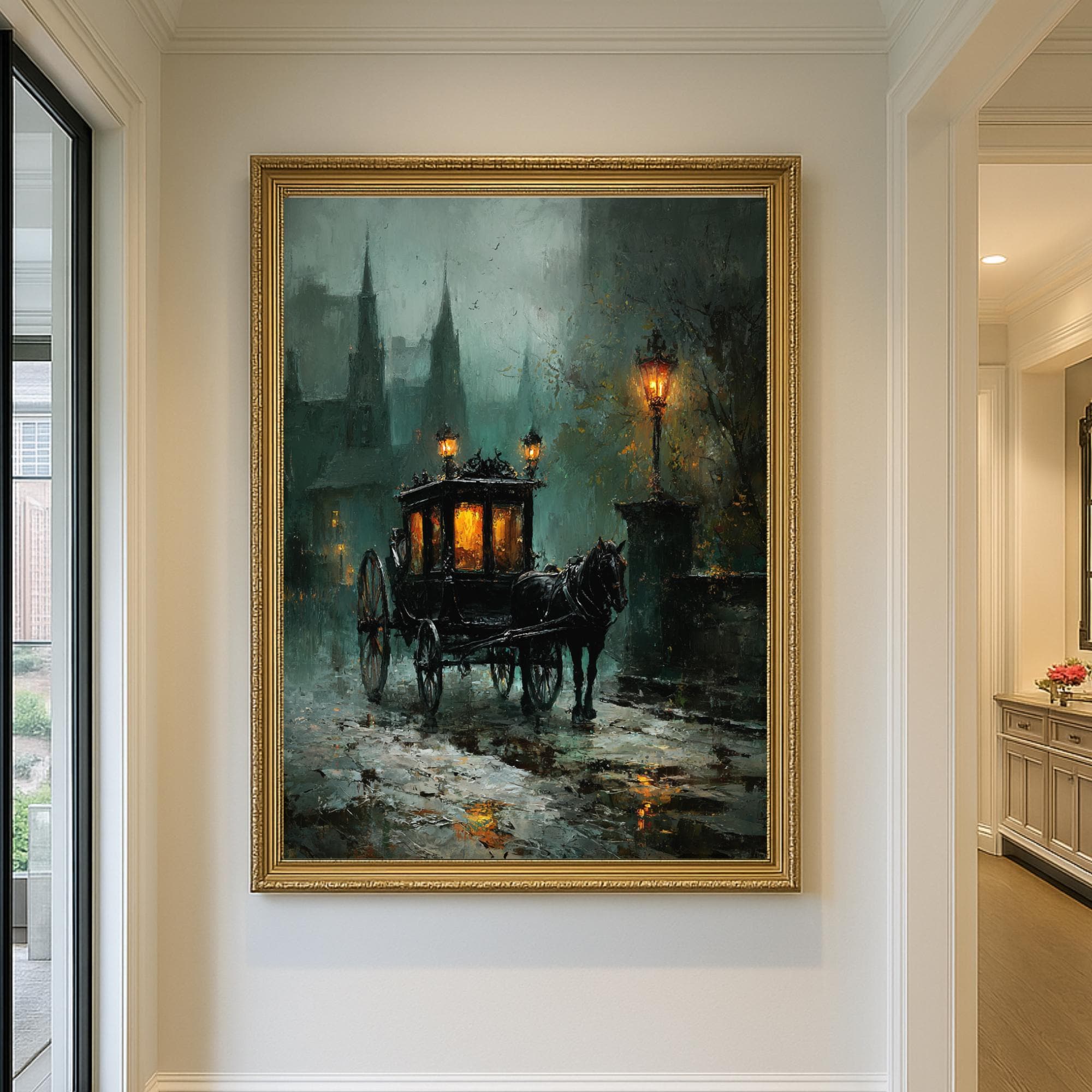 Victorian Horsedrawn Carriage Wall Art Print, Moody Dark Academia Vintage London Funeral Night Scene