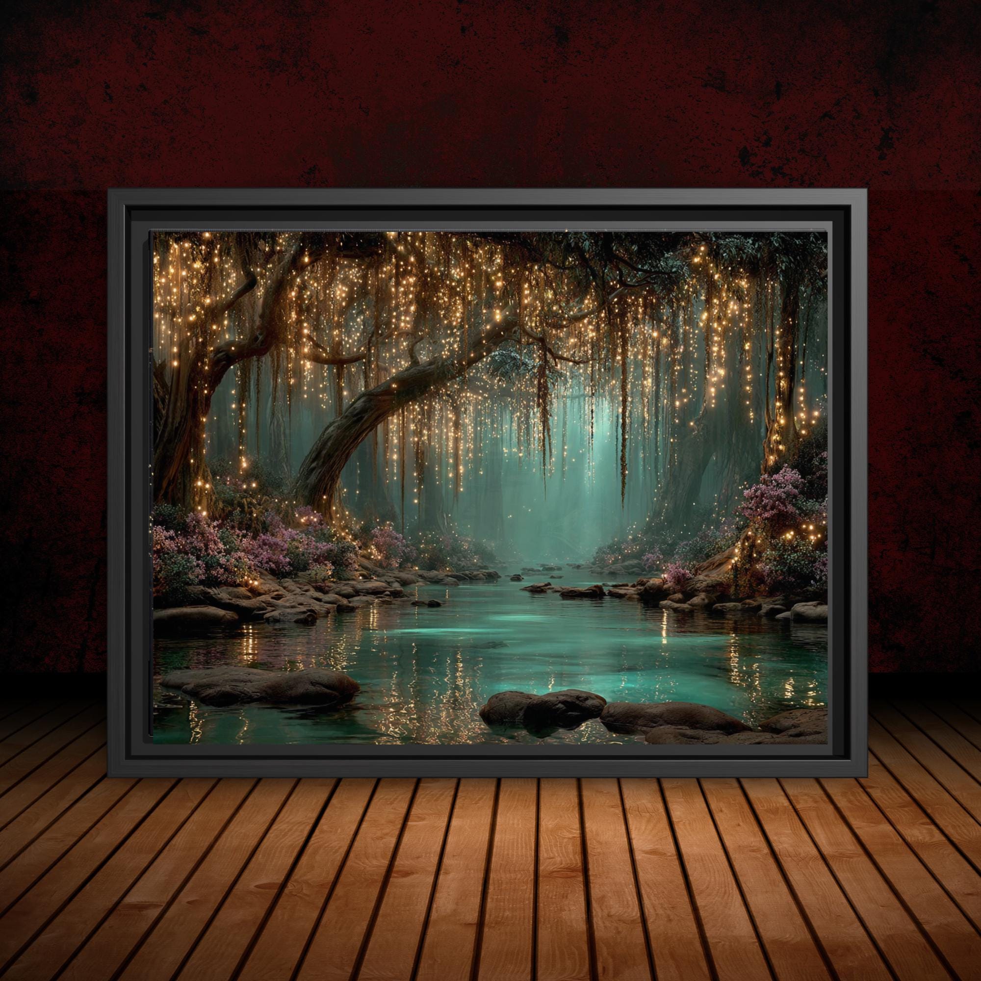 Firefly Forest Horizontal Art Print Golden Leaves Trailing Teal Lagoon, Magical Woodland Painting Main image