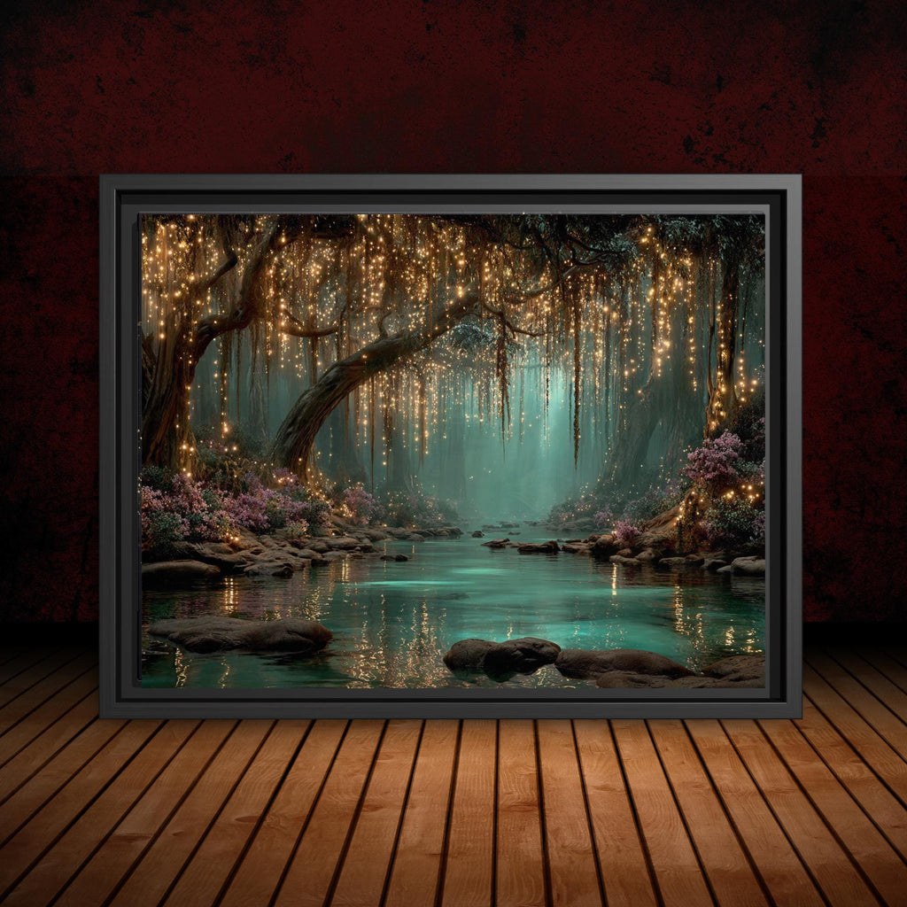 Firefly Forest Horizontal Art Print Golden Leaves Trailing Teal Lagoon, Magical Woodland Painting