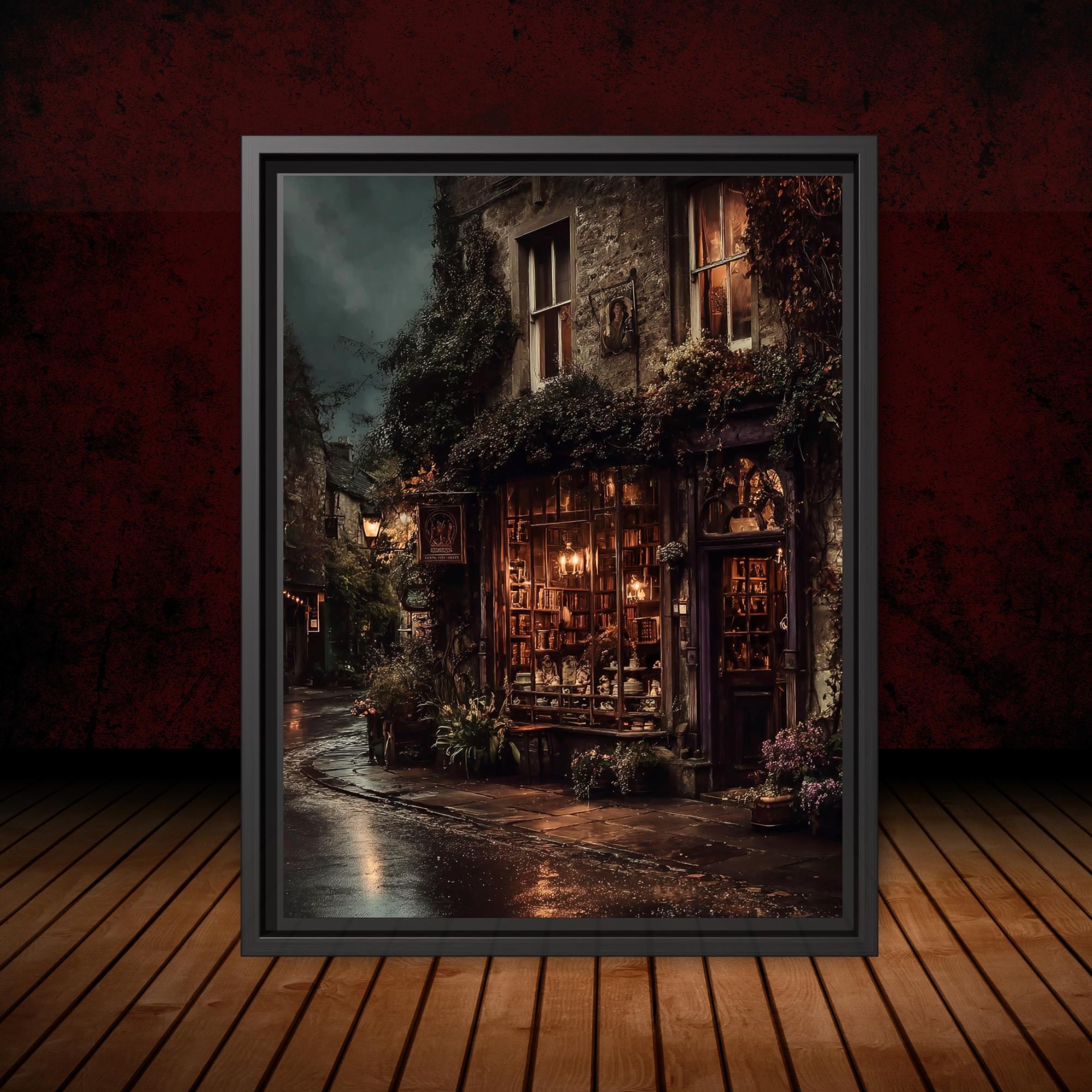 Vintage Rainy Street Bookshop Art Print Night Alley Dark Academia Streets of Europe Decor Main image