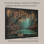 Firefly Forest Horizontal Art Print Golden Leaves Trailing Teal Lagoon, Magical Woodland Painting