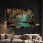 Firefly Forest Horizontal Art Print Golden Leaves Trailing Teal Lagoon, Magical Woodland Painting