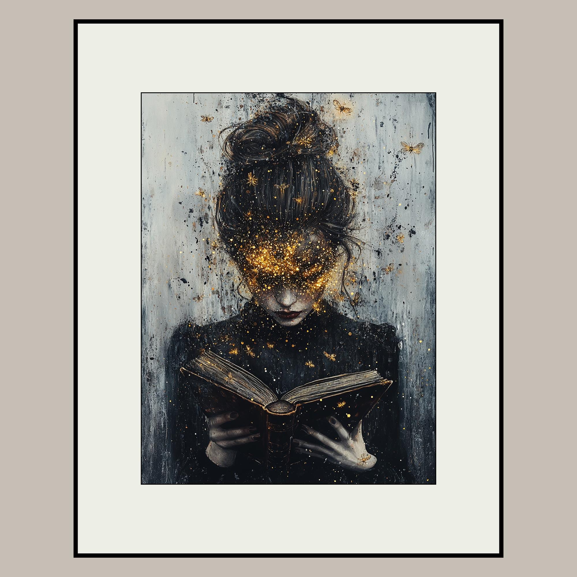 Vintage Lady Reader Wall Art Print Woman Reading Book Gold Moths Moody Literary Decor Secondary image