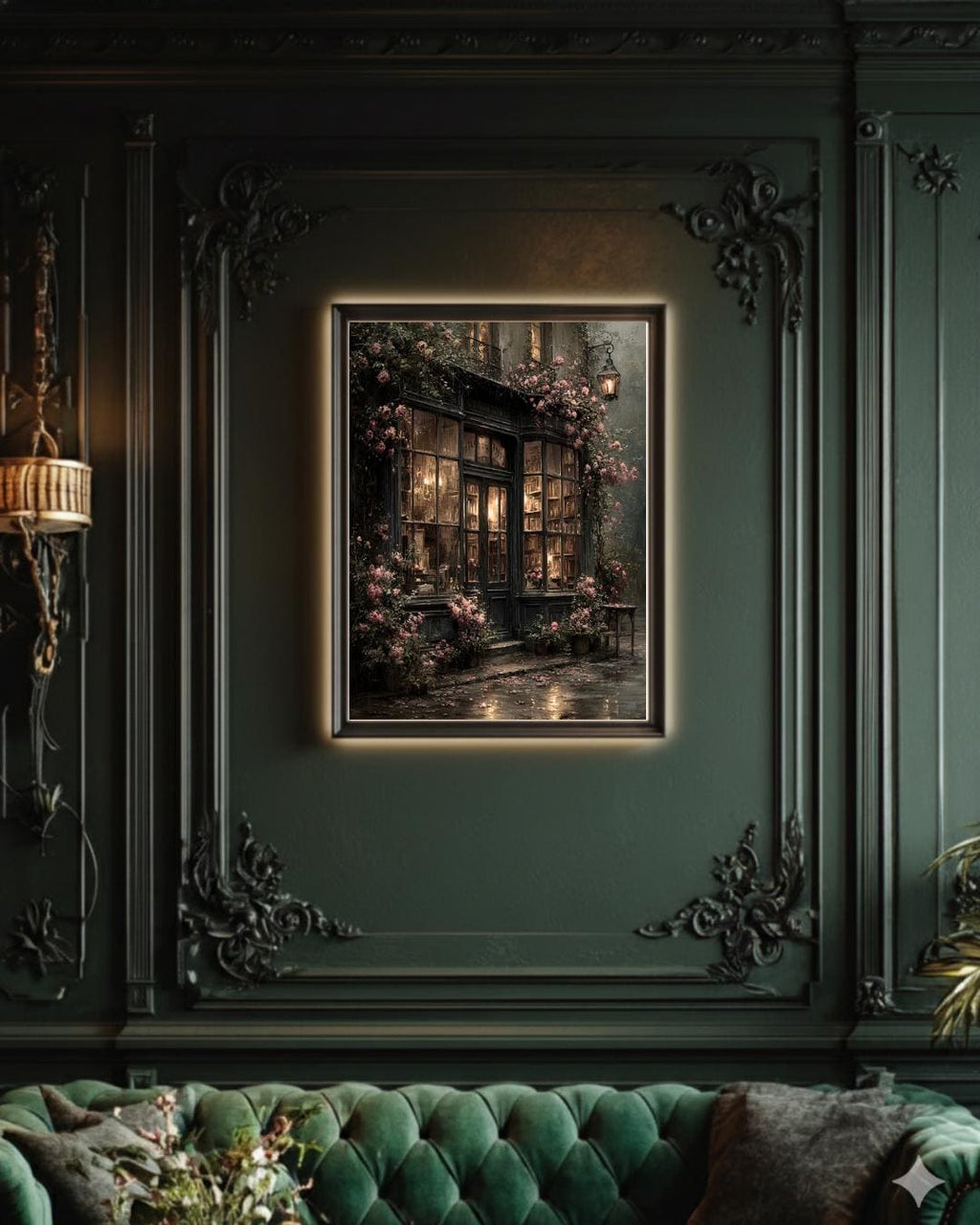 Dark Bookshop Art Print, Romantic Vintage Library Wall Art with Pink Climbing Roses