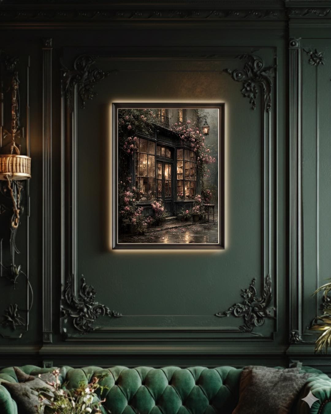Dark Bookshop Art Print, Romantic Vintage Library Wall Art with Pink Climbing Roses