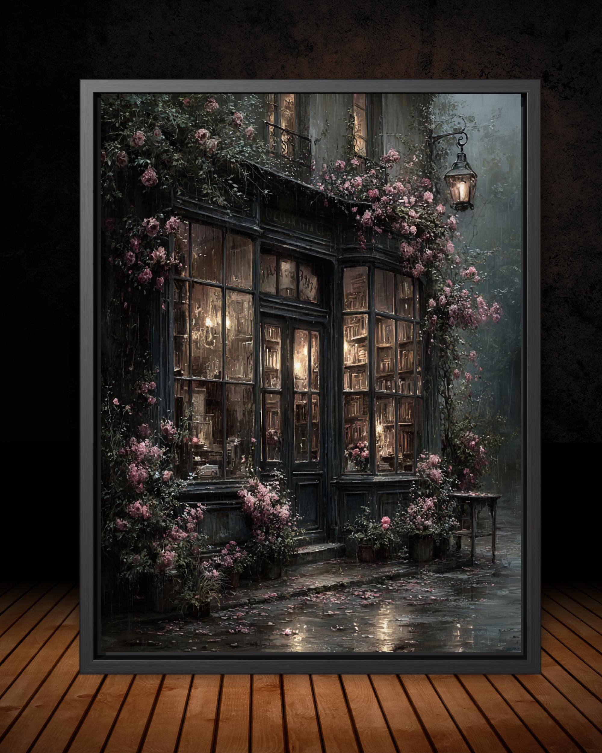 Dark Bookshop Art Print, Romantic Vintage Library Wall Art with Pink Climbing Roses Main image