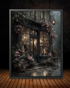 Dark Bookshop Art Print, Romantic Vintage Library Wall Art with Pink Climbing Roses