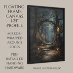 Winter Forest Circular Portal Through Trees, Wall Art Print Woodland Path with Glowing Lanterns,