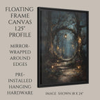 Winter Forest Circular Portal Through Trees, Wall Art Print Woodland Path with Glowing Lanterns,